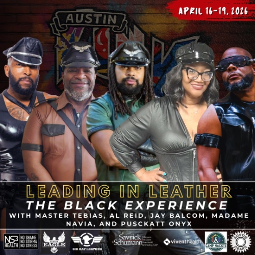 Leading in Leather: The Black Experience panel featuring Master Tebias, Al Reid, Jay Balcom, Madame Navia, and Pusckatt Onyx